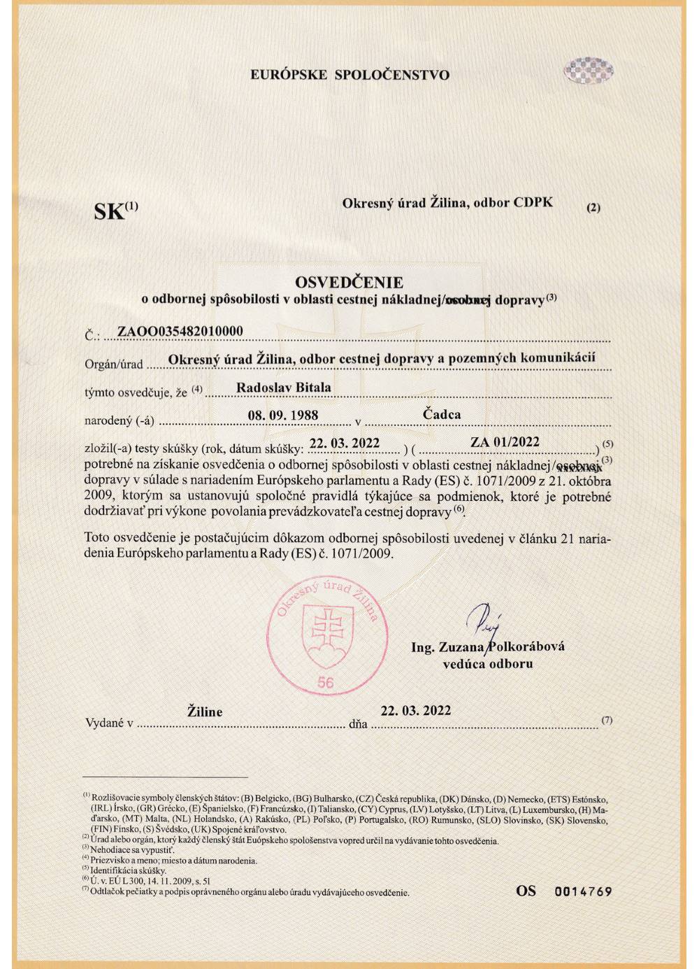 Osvedčenie o odbornej spôsobilosti